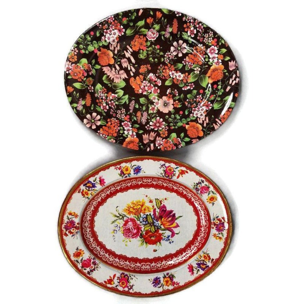 Nevco Tin Metal Floral Platters Vintage Lot of 2